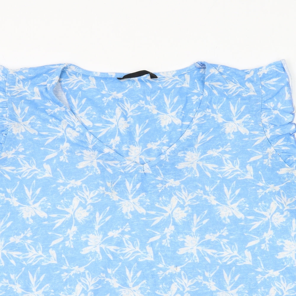 Dunnes Stores Womens Blue Floral Polyester Basic T-Shirt Size XL V-Neck