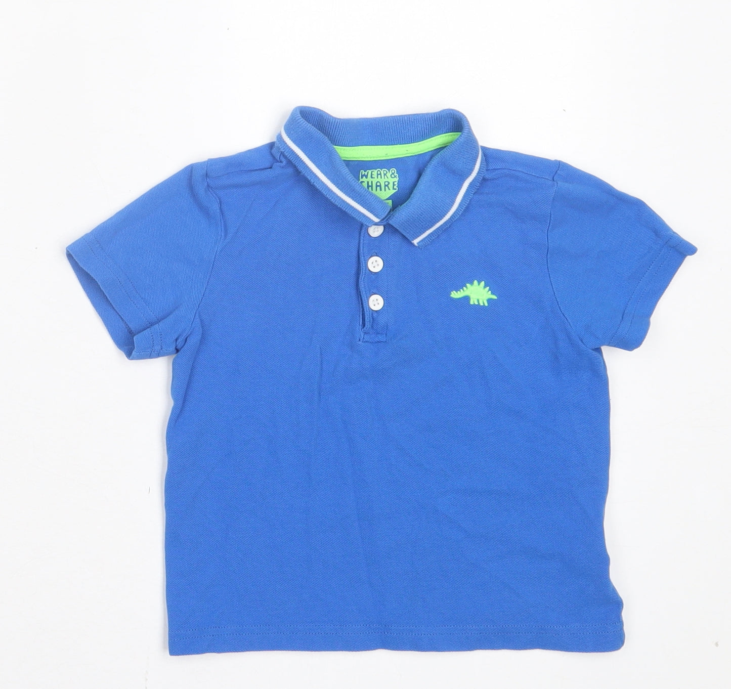 F&F Boys Blue Cotton Basic Polo Size 2-3 Years Collared Button - Dinosaur