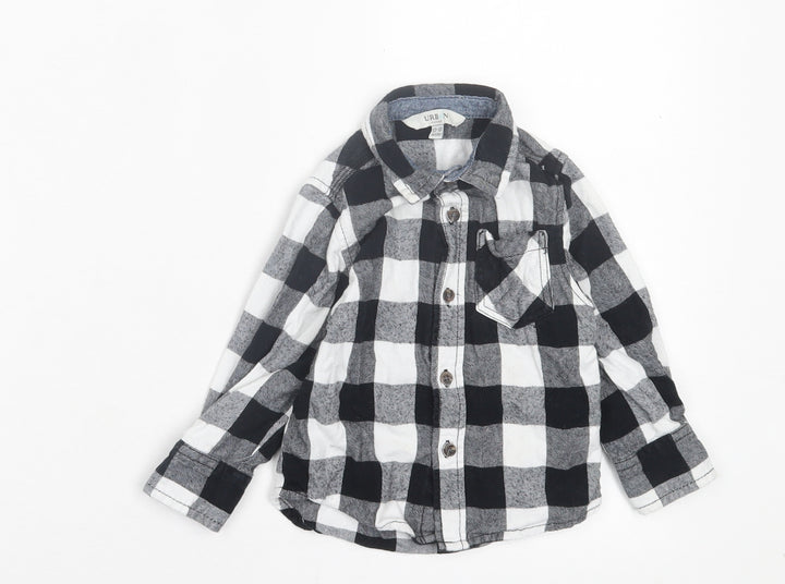 Urban Rascals Girls Black Check Cotton Basic Button-Up Size 12-18 Months Collared Button - Pocket Detail