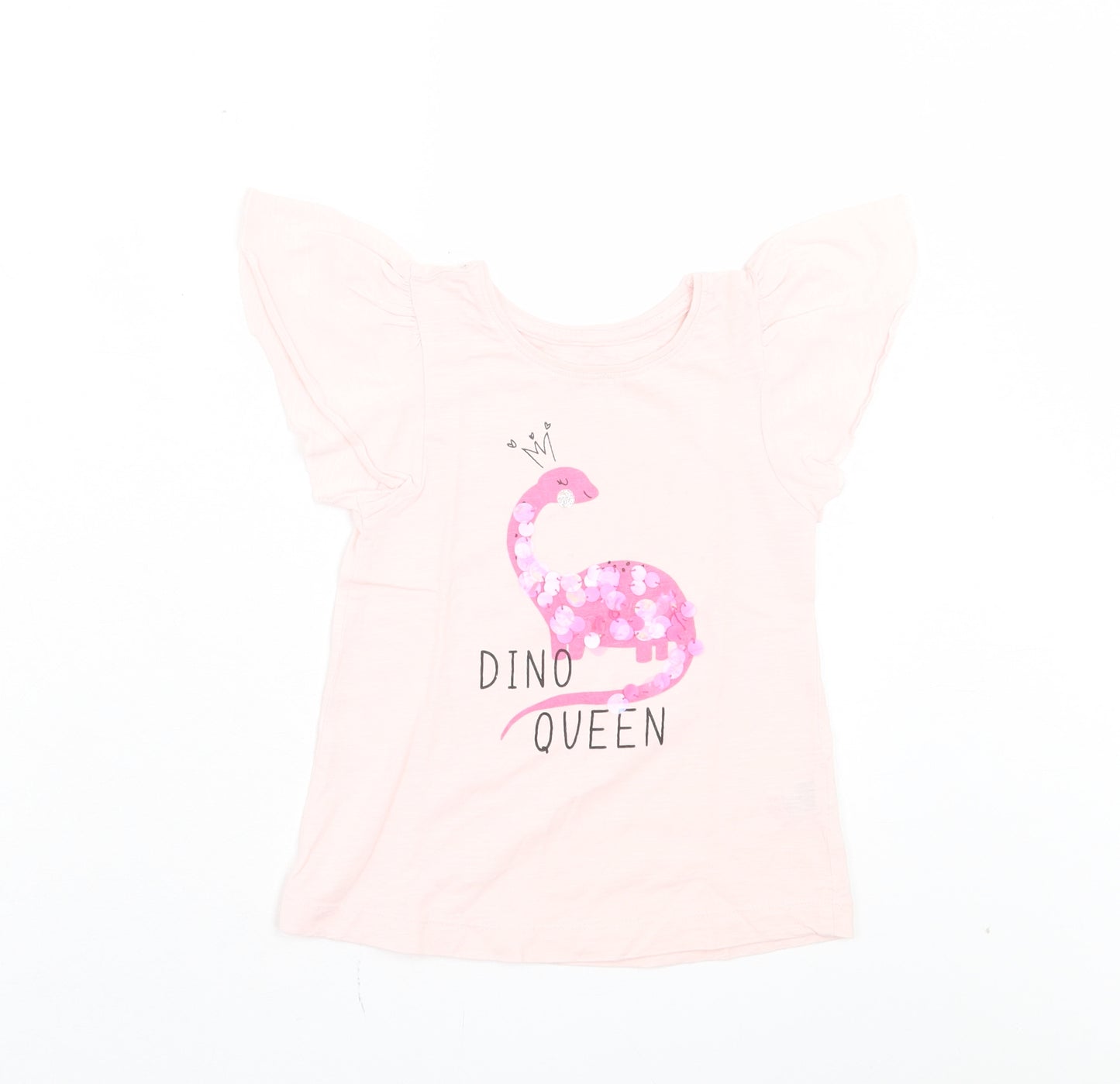 Dunnes Stores Girls Pink Cotton Basic T-Shirt Size 4 Years Crew Neck Pullover - Dino Queen