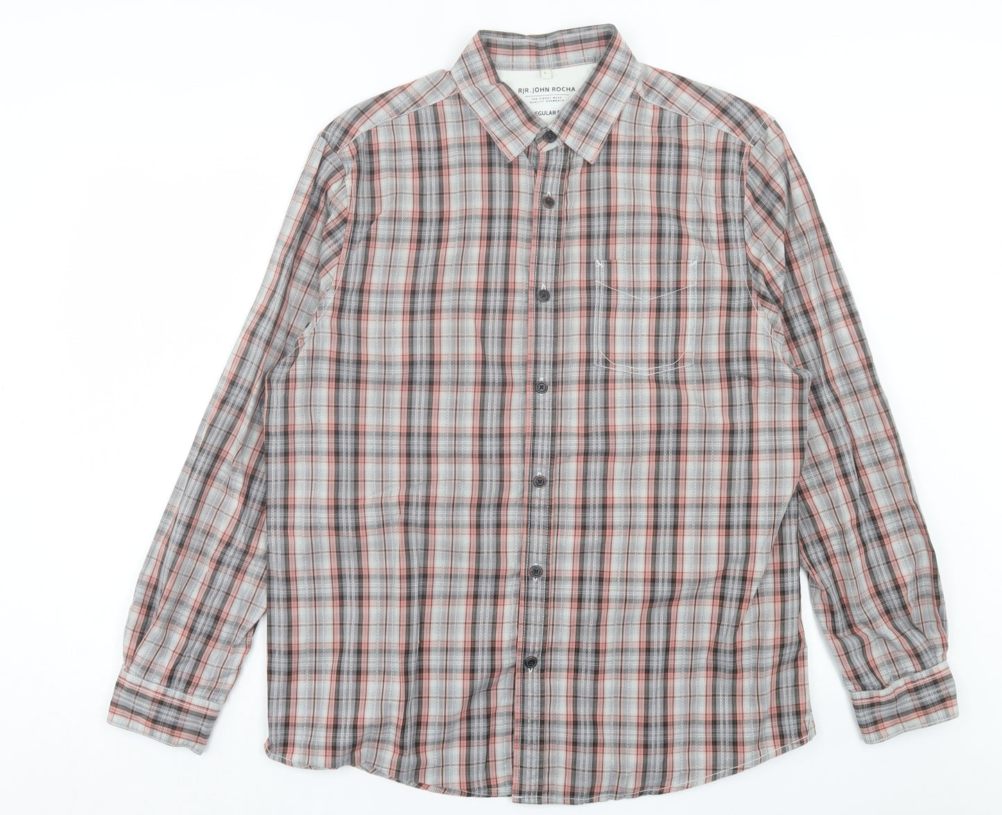 RJR.John Rocha Mens Grey Plaid Cotton Button-Up Size L Collared Button - Pocket Detail