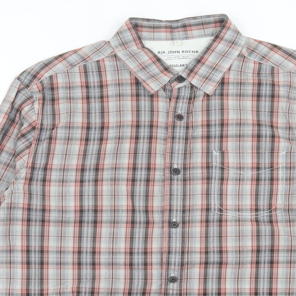 RJR.John Rocha Mens Grey Plaid Cotton Button-Up Size L Collared Button - Pocket Detail