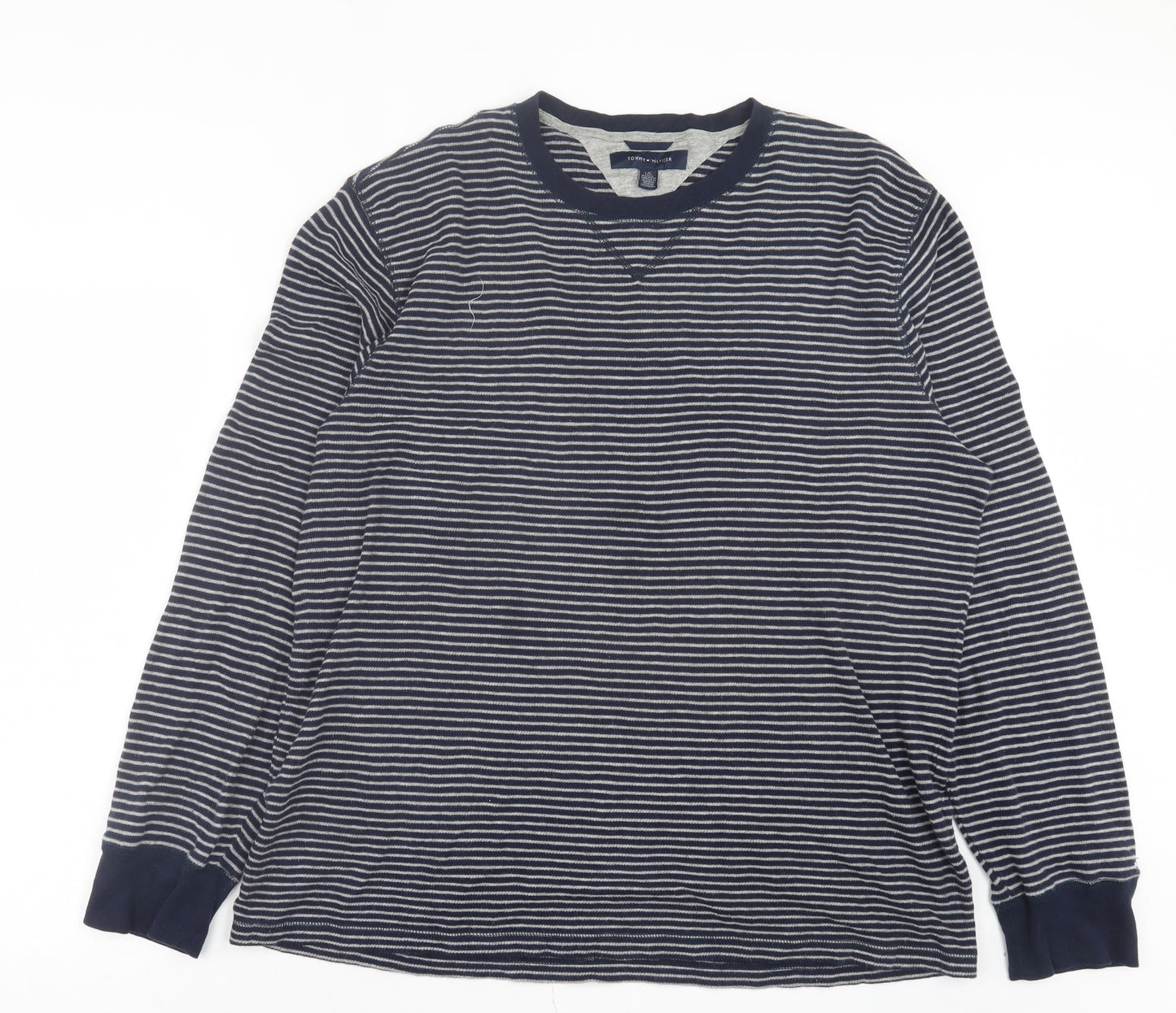 Tommy Hilfiger Mens Blue Crew Neck Striped Cotton Pullover Jumper Size L