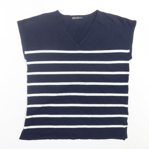 Dunnes Stores Womens Blue Striped Viscose Basic T-Shirt Size XS V-Neck