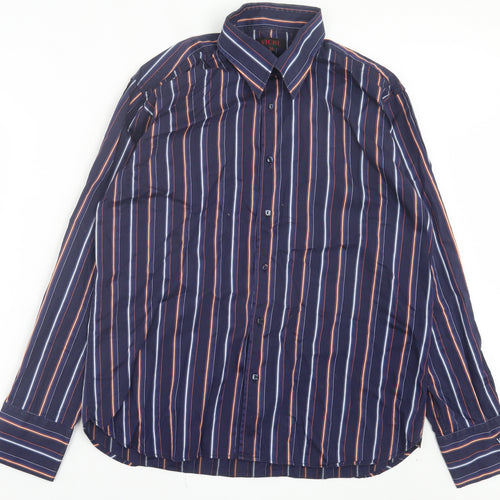 Vichi Mens Blue Striped Cotton Button-Up Size XL Collared Button