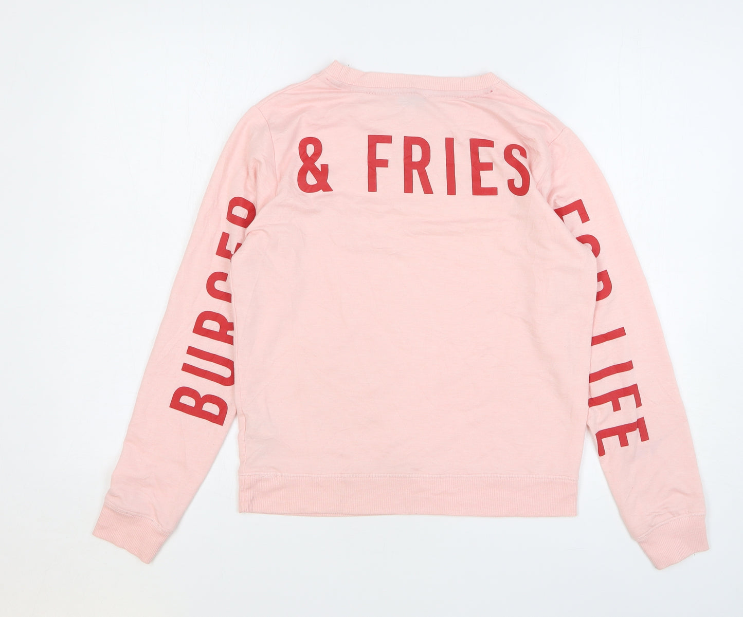 New Look Girls Pink Polyester Basic T-Shirt Size M Round Neck Pullover - Burger & Fries Fan Club