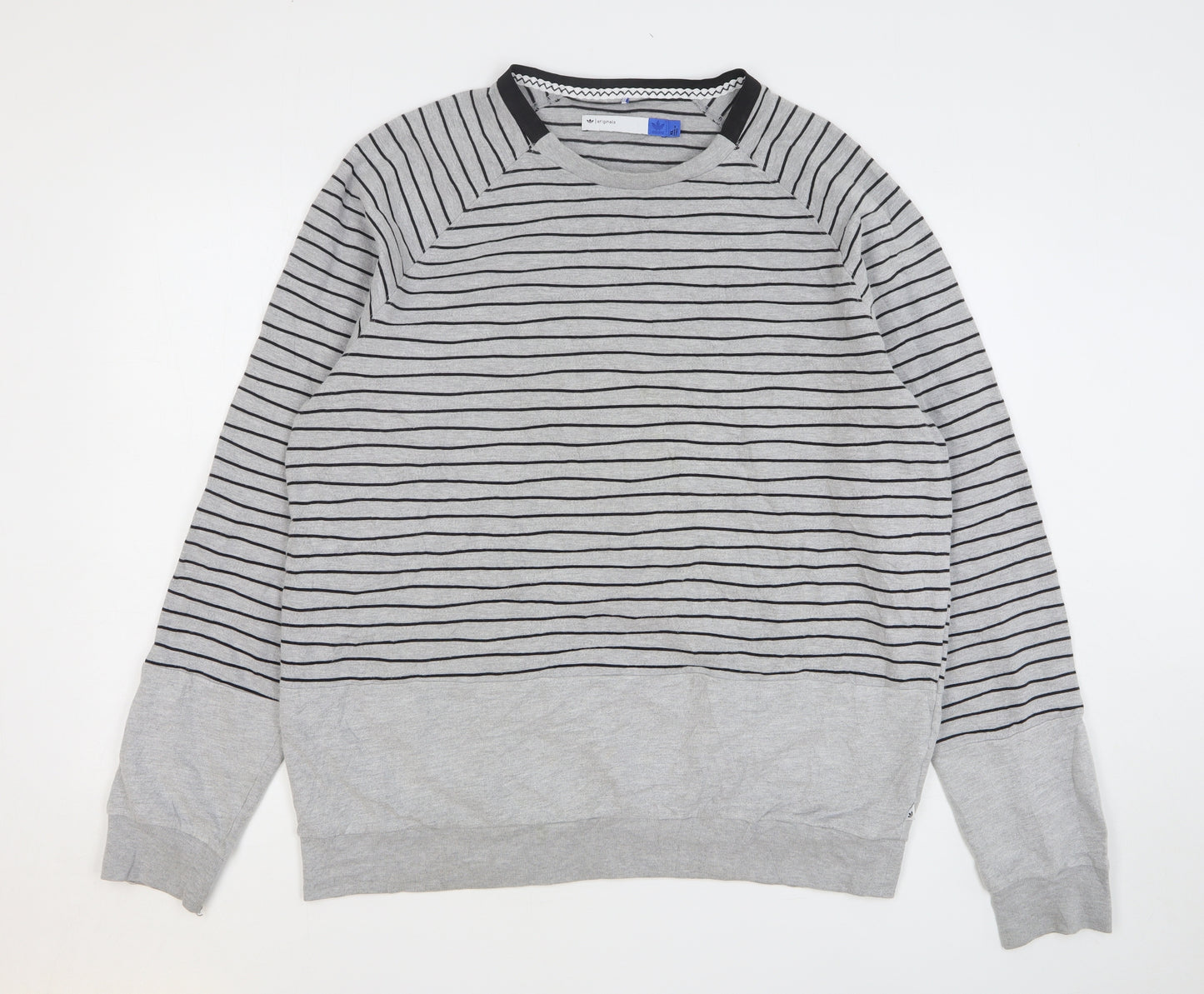 adidas Mens Grey Striped Cotton Pullover Sweatshirt Size XL