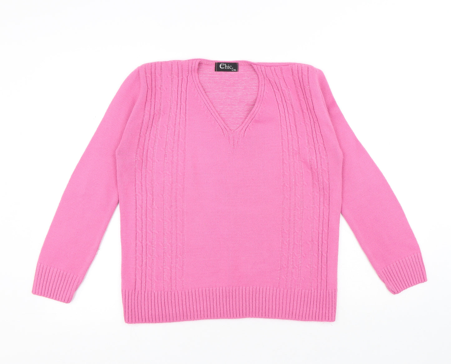 CHIC Womens Pink V-Neck Acrylic Pullover Jumper Size L