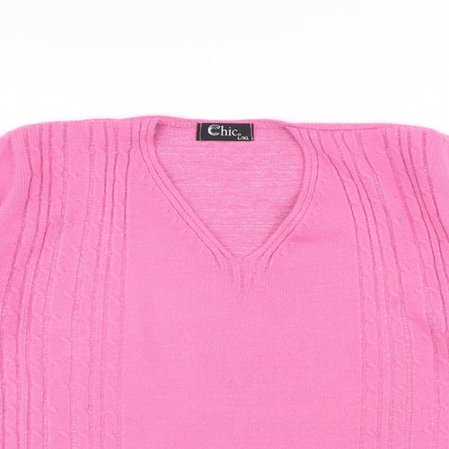 CHIC Womens Pink V-Neck Acrylic Pullover Jumper Size L