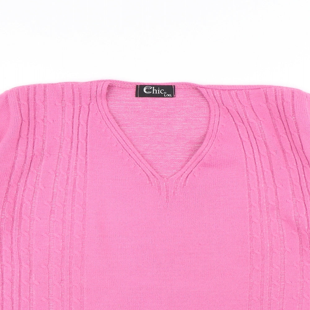 CHIC Womens Pink V-Neck Acrylic Pullover Jumper Size L