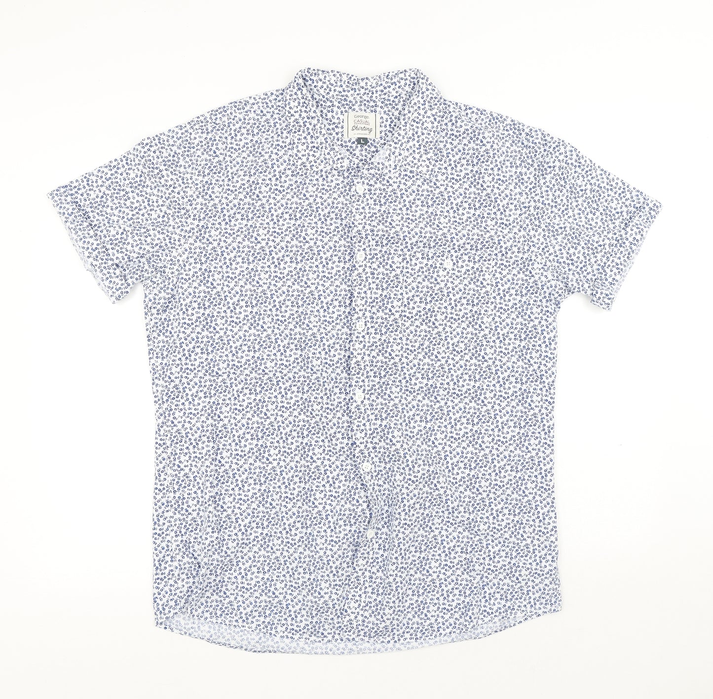 George Mens Blue Floral Cotton Button-Up Size L Collared Button