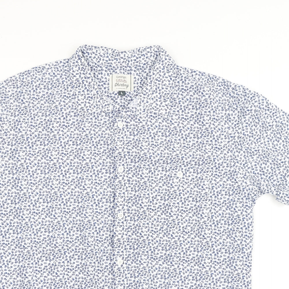 George Mens Blue Floral Cotton Button-Up Size L Collared Button