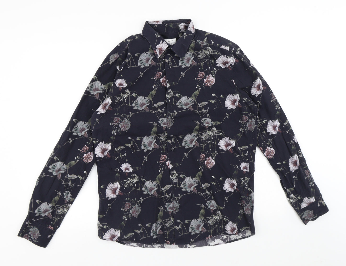 NEXT Mens Black Floral Cotton Button-Up Size M Collared Button - Flowers