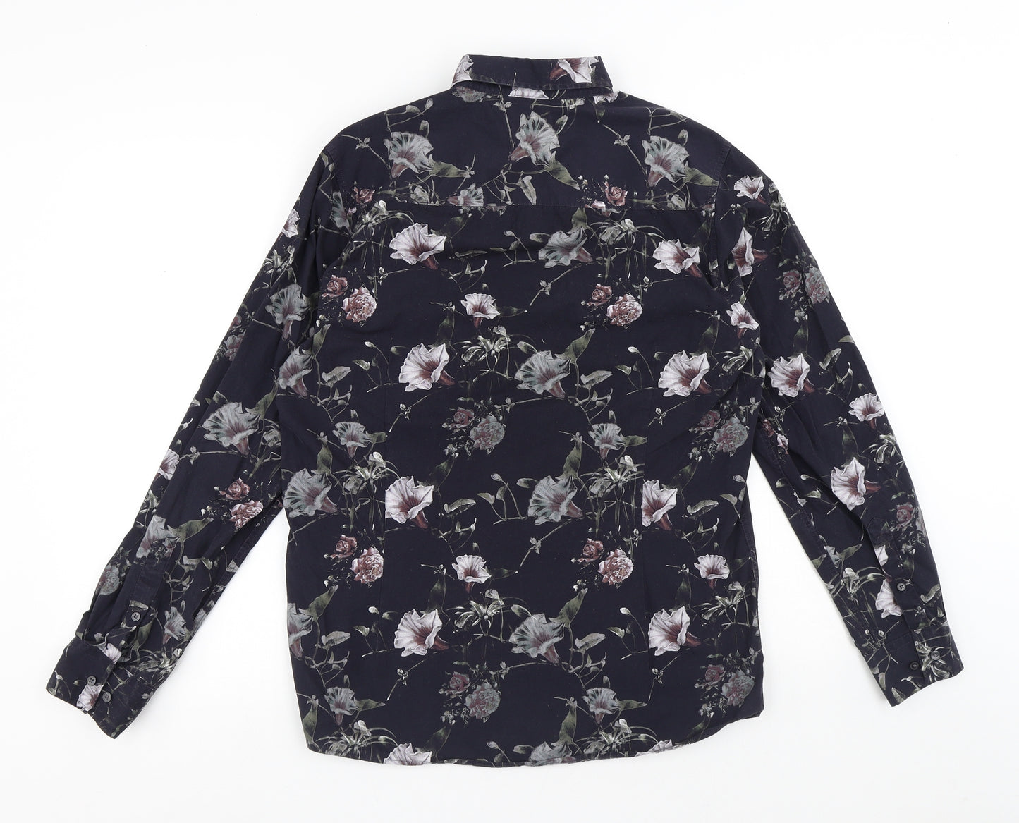 NEXT Mens Black Floral Cotton Button-Up Size M Collared Button - Flowers