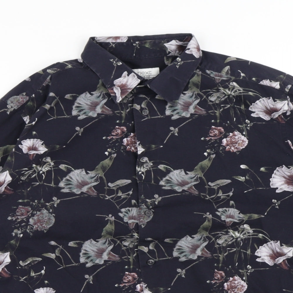 NEXT Mens Black Floral Cotton Button-Up Size M Collared Button - Flowers