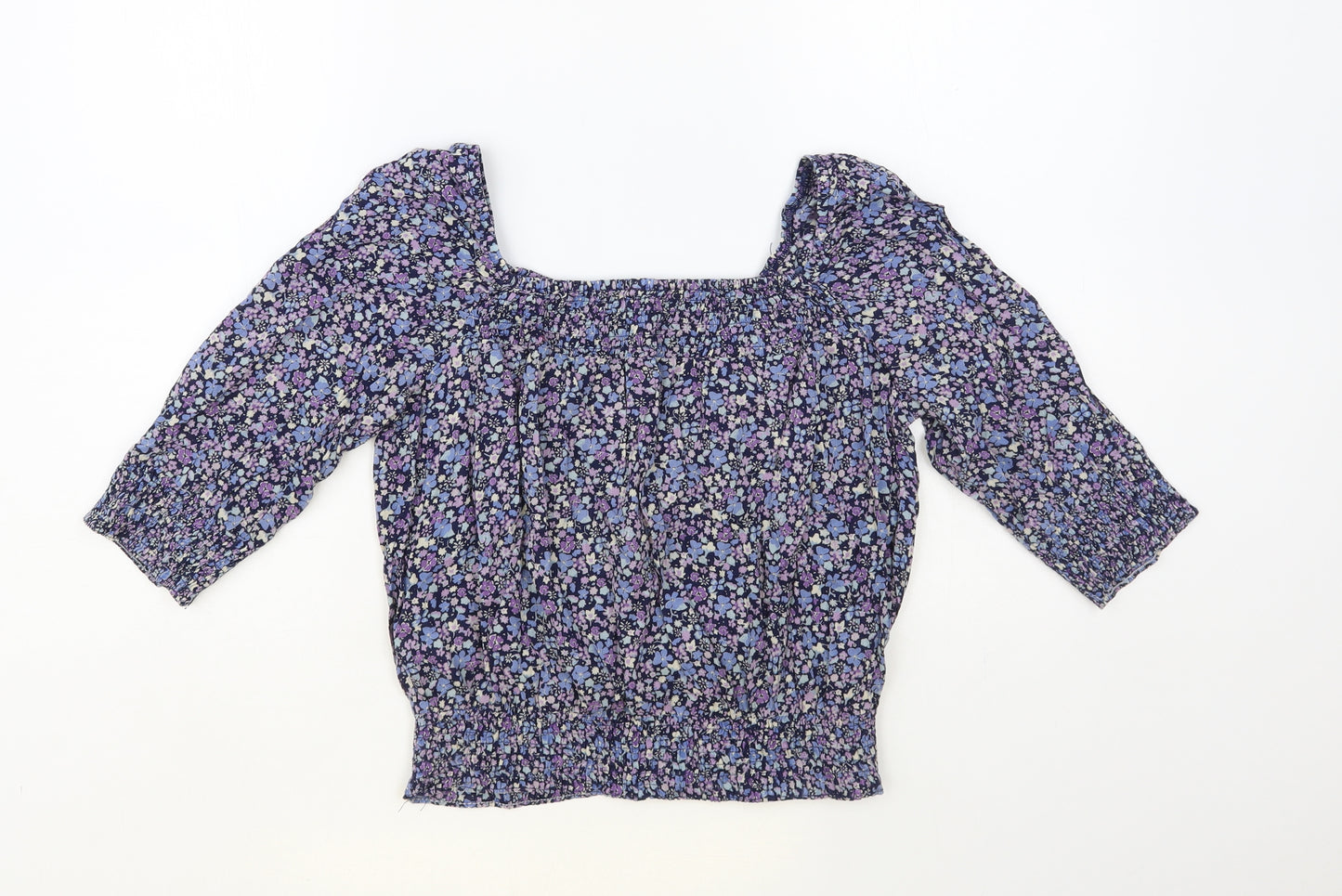H&M Womens Blue Floral Cotton Basic Blouse Size 8 Off the Shoulder