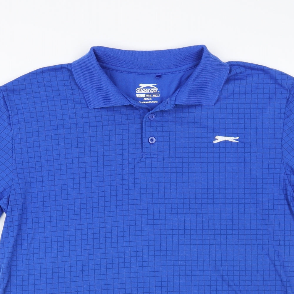 Slazenger Mens Blue Check Cotton Polo Size L Collared Button