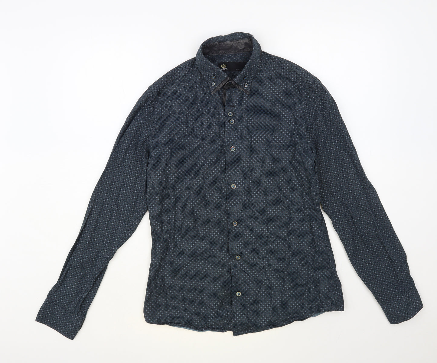NEXT Mens Green Geometric Cotton Button-Up Size M Collared Button