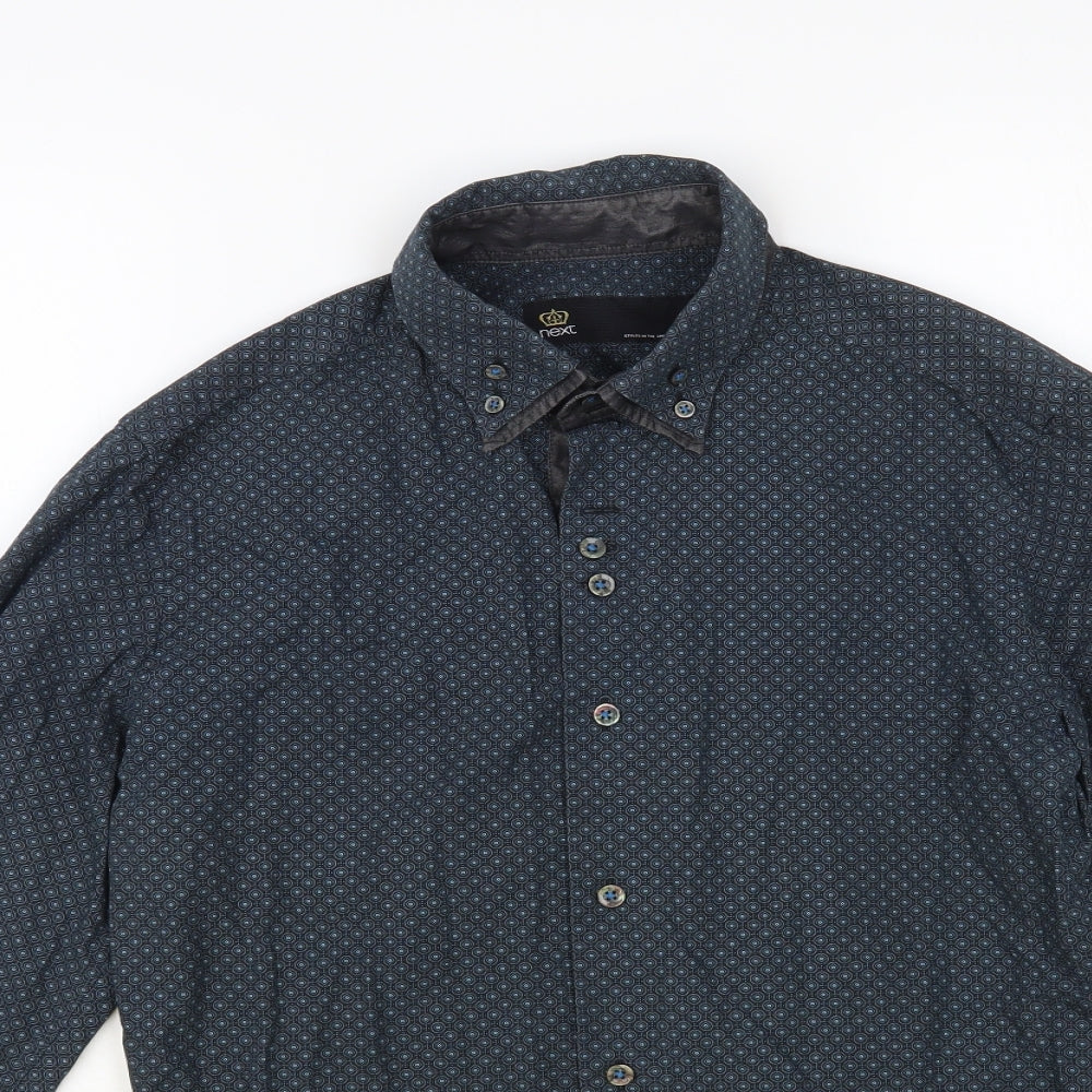NEXT Mens Green Geometric Cotton Button-Up Size M Collared Button