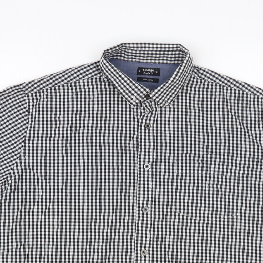 George Mens Black Check Cotton Button-Up Size L Collared Button