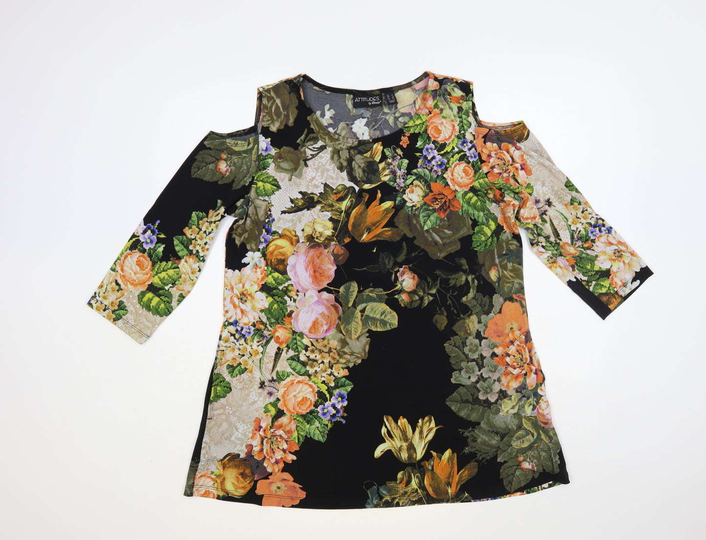 Attitudes by Renee Womens Black Floral Polyester Basic Blouse Size L Round Neck - Cold Shoulder