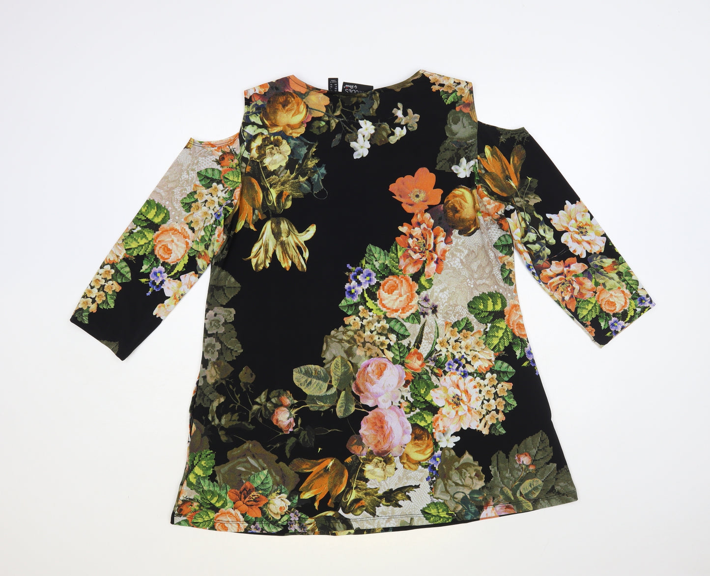 Attitudes by Renee Womens Black Floral Polyester Basic Blouse Size L Round Neck - Cold Shoulder