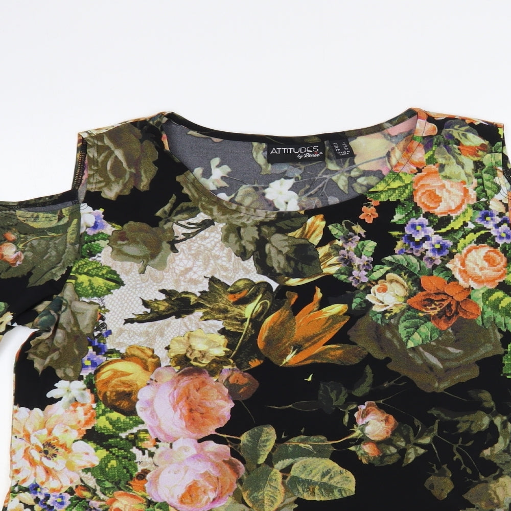 Attitudes by Renee Womens Black Floral Polyester Basic Blouse Size L Round Neck - Cold Shoulder