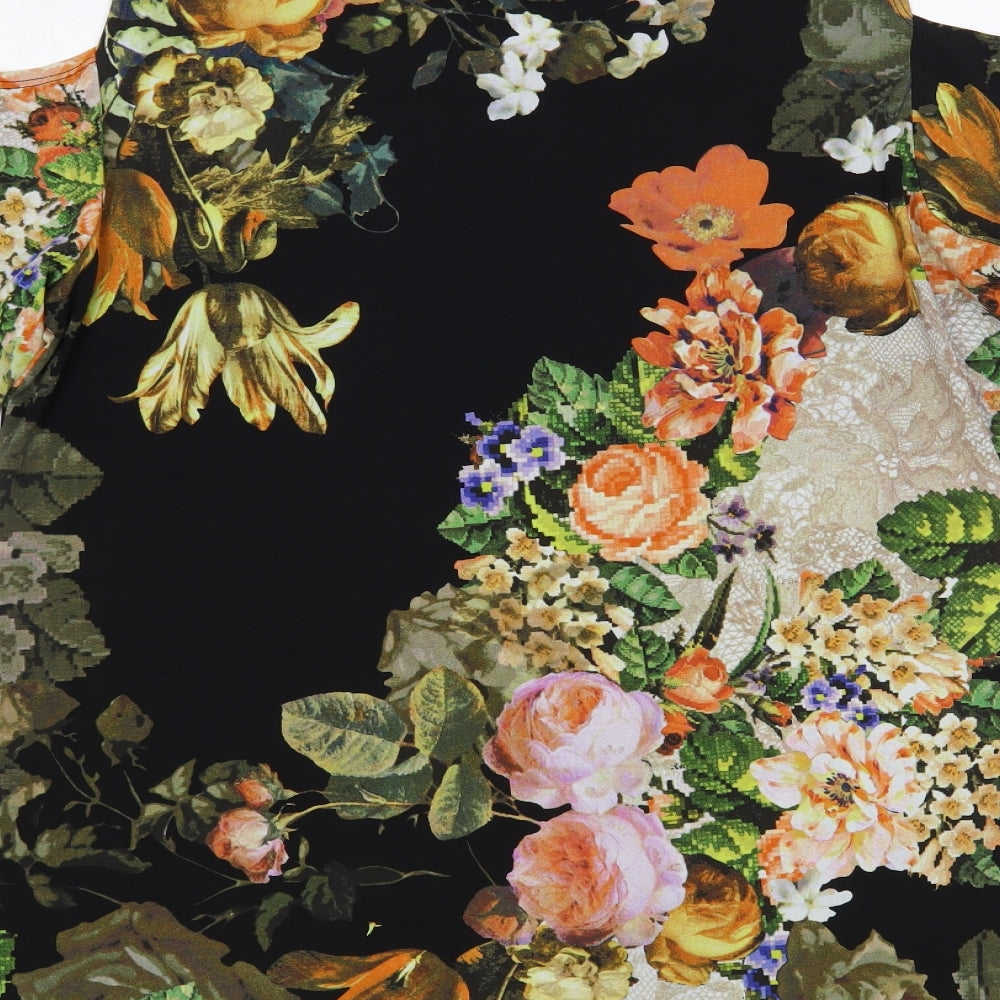 Attitudes by Renee Womens Black Floral Polyester Basic Blouse Size L Round Neck - Cold Shoulder