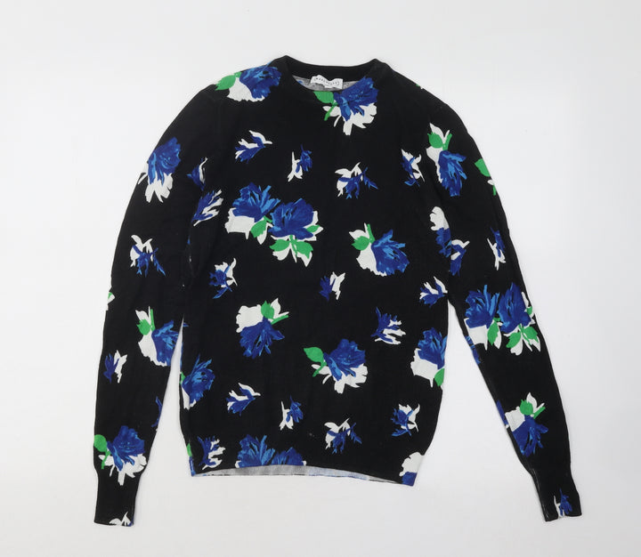 Warehouse Womens Black Round Neck Floral Cotton Pullover Jumper Size 8