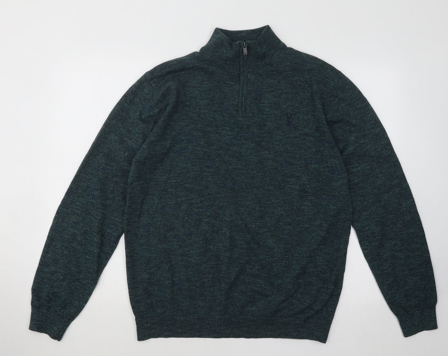 NEXT Mens Green Mock Neck Geometric Cotton Pullover Jumper Size L