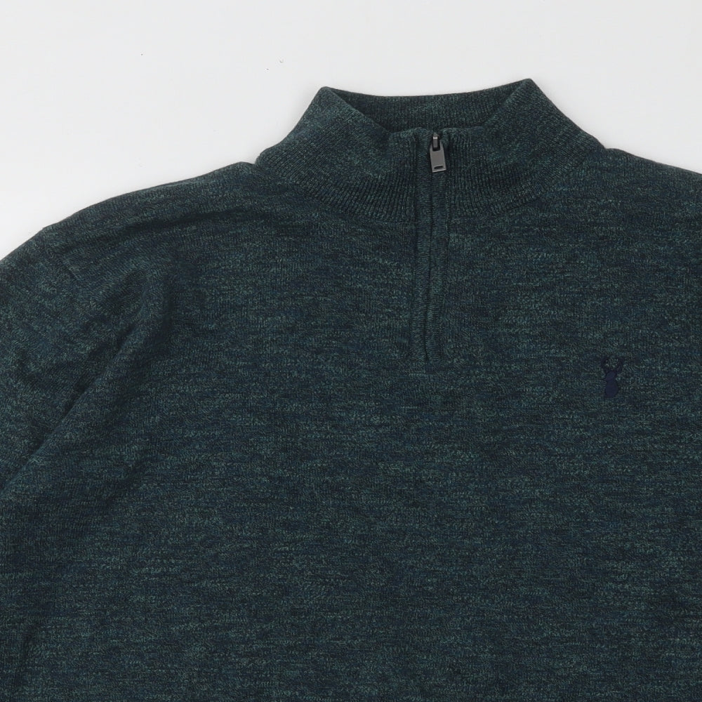 NEXT Mens Green Mock Neck Geometric Cotton Pullover Jumper Size L