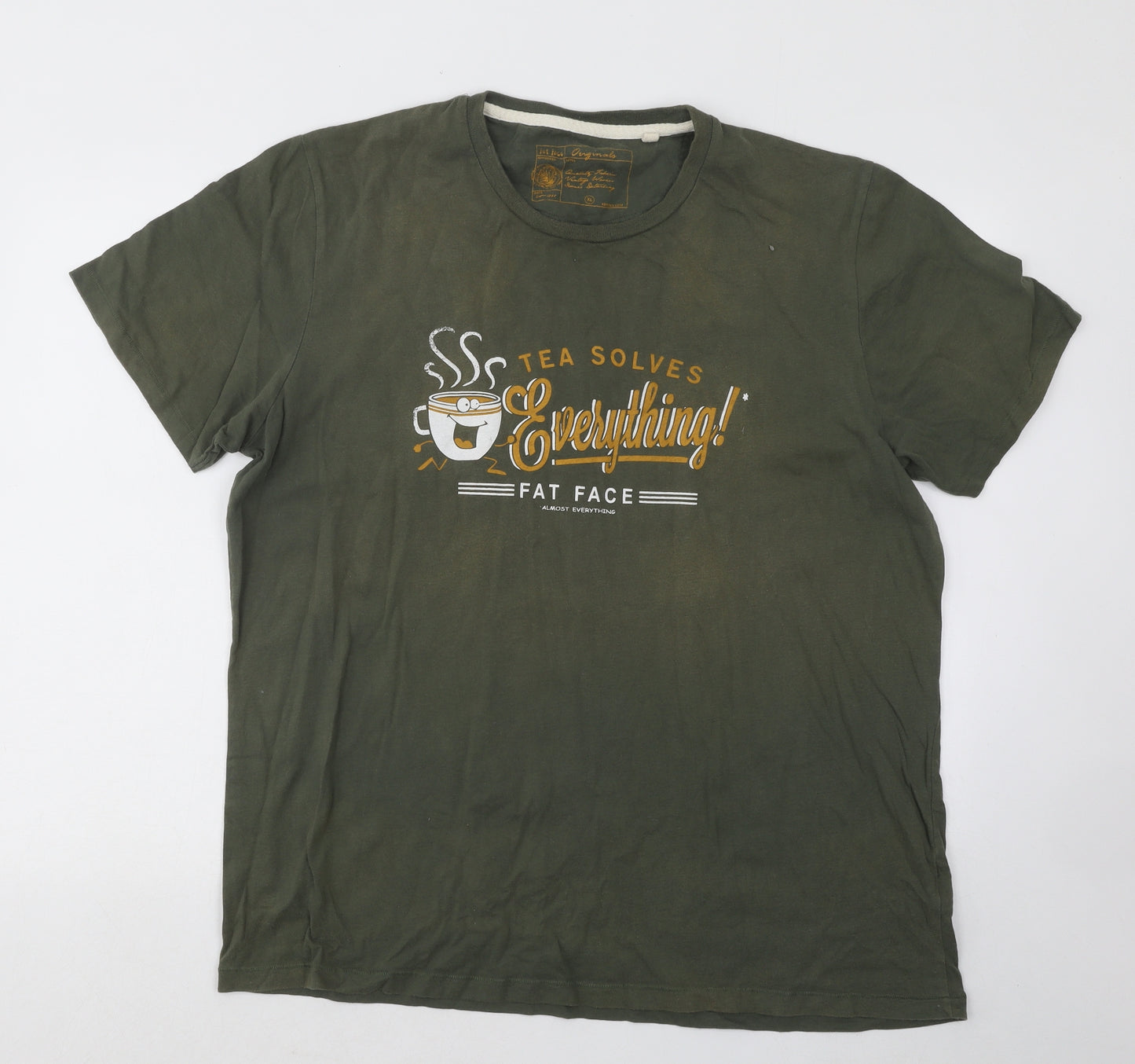 Fat Face Mens Green Cotton T-Shirt Size XL Round Neck - Tea Solves Everything