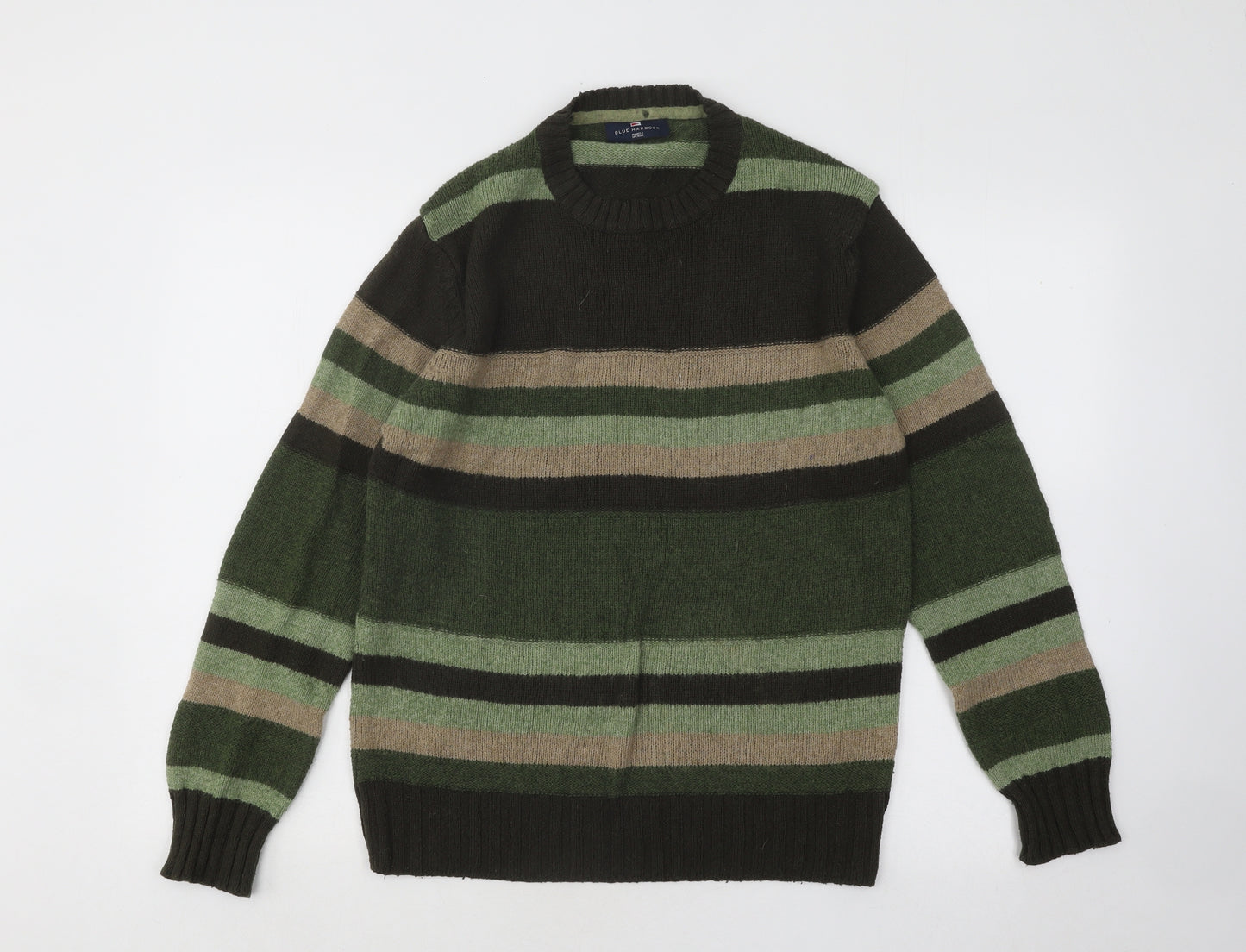 Marks and Spencer Mens Green Round Neck Striped Acrylic Pullover Jumper Size S