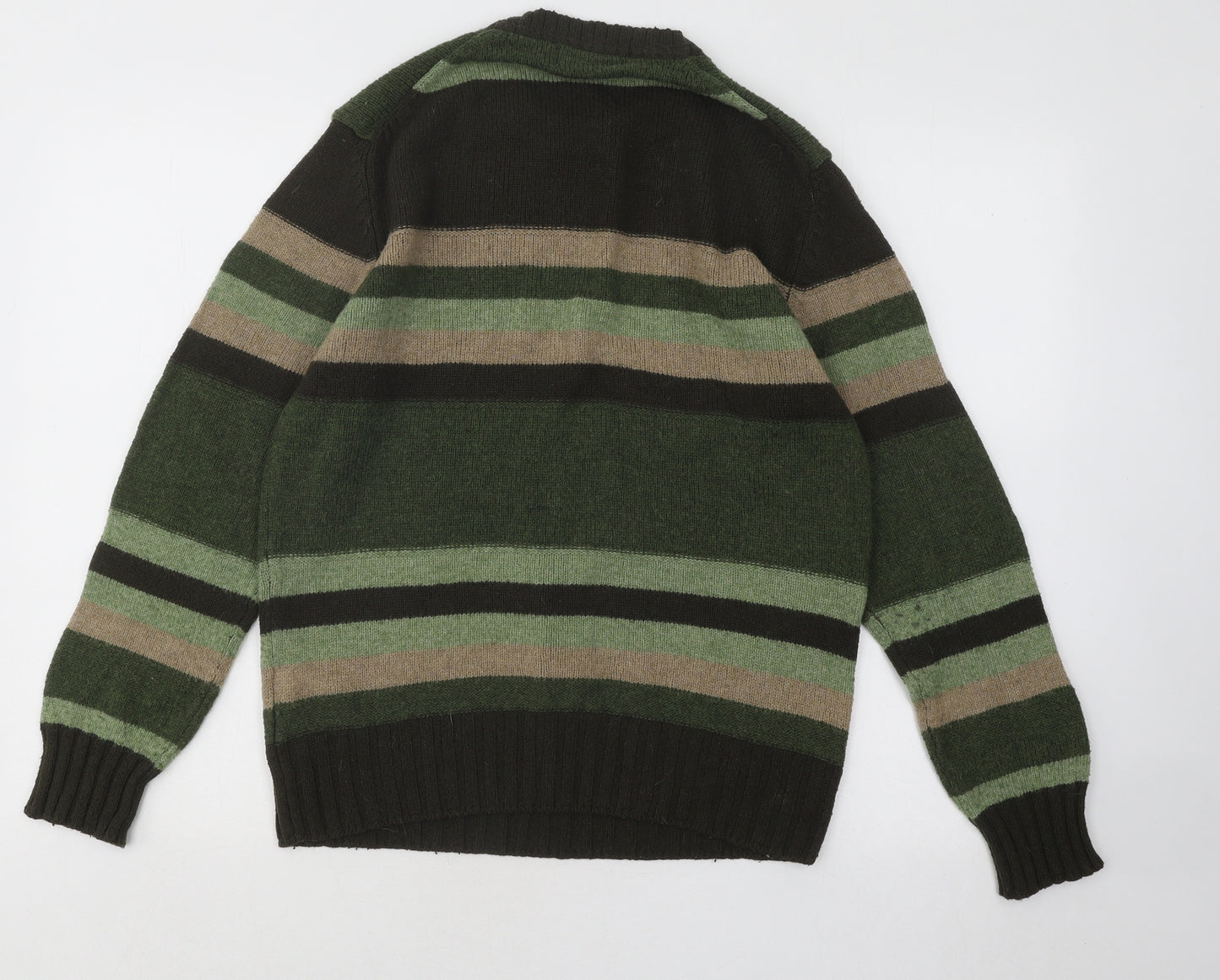 Marks and Spencer Mens Green Round Neck Striped Acrylic Pullover Jumper Size S