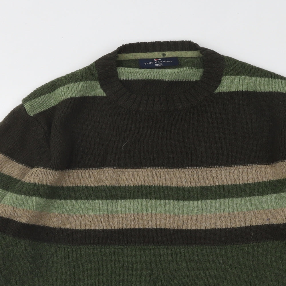Marks and Spencer Mens Green Round Neck Striped Acrylic Pullover Jumper Size S
