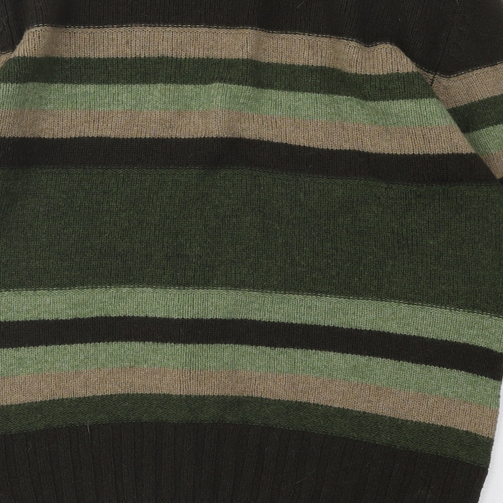 Marks and Spencer Mens Green Round Neck Striped Acrylic Pullover Jumper Size S