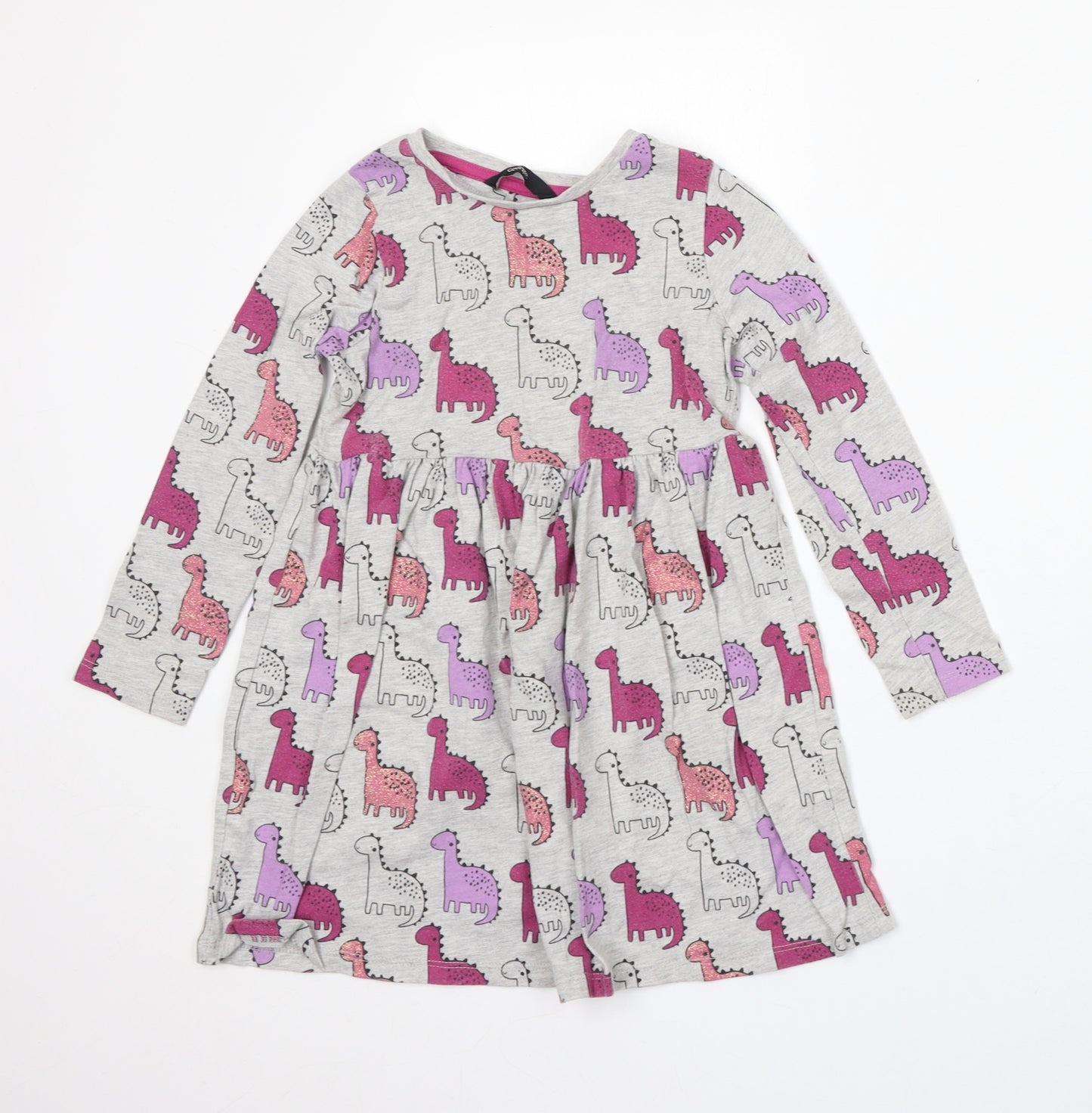 George Girls Grey Geometric Cotton Skater Dress Size 5-6 Years Round Neck - Dinosaurs