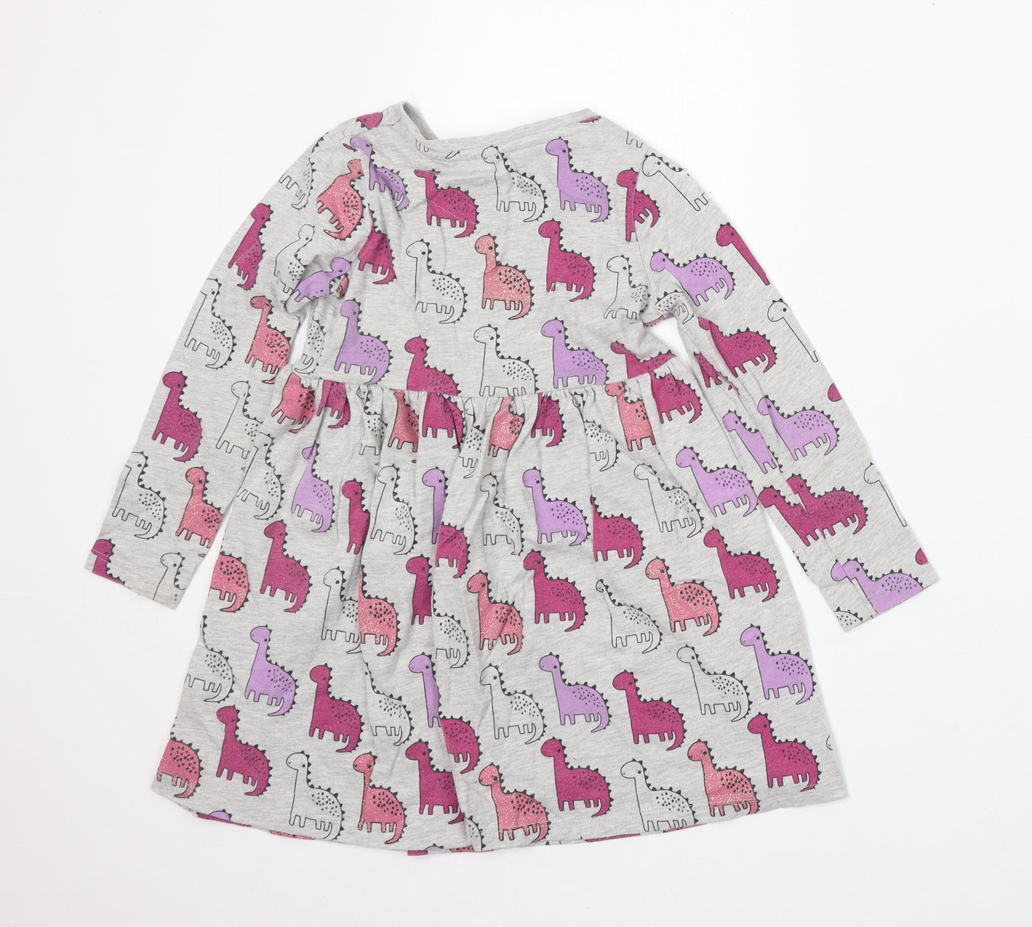 George Girls Grey Geometric Cotton Skater Dress Size 5-6 Years Round Neck - Dinosaurs