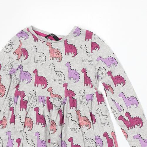George Girls Grey Geometric Cotton Skater Dress Size 5-6 Years Round Neck - Dinosaurs