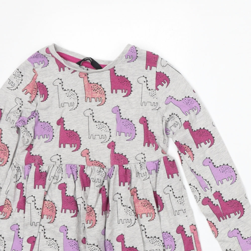 George Girls Grey Geometric Cotton Skater Dress Size 5-6 Years Round Neck - Dinosaurs