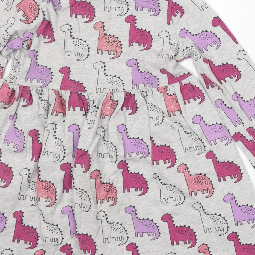 George Girls Grey Geometric Cotton Skater Dress Size 5-6 Years Round Neck - Dinosaurs