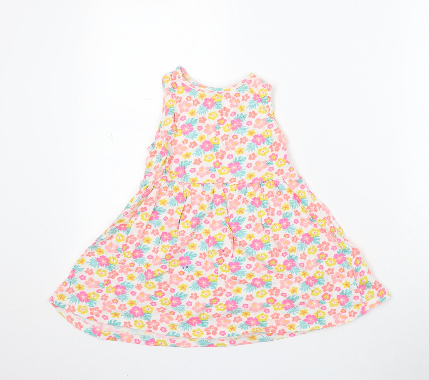 Primark Girls Multicoloured Floral Cotton Skater Dress Size 6-7 Years Round Neck