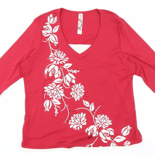 BM Womens Red Polyester Basic T-Shirt Size L V-Neck - Flowers