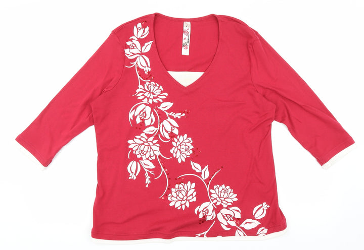 BM Womens Red Polyester Basic T-Shirt Size L V-Neck - Flowers