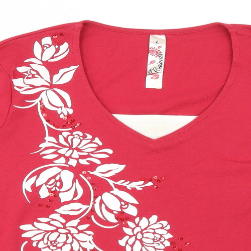BM Womens Red Polyester Basic T-Shirt Size L V-Neck - Flowers