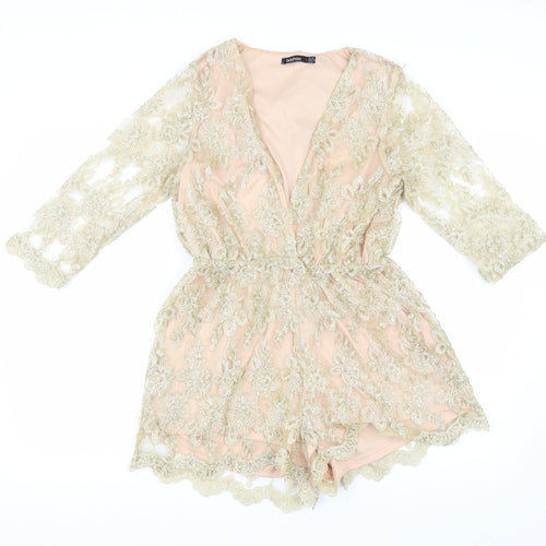 Boohoo Womens Gold Floral Polyamide Playsuit One-Piece Size 12 Pullover