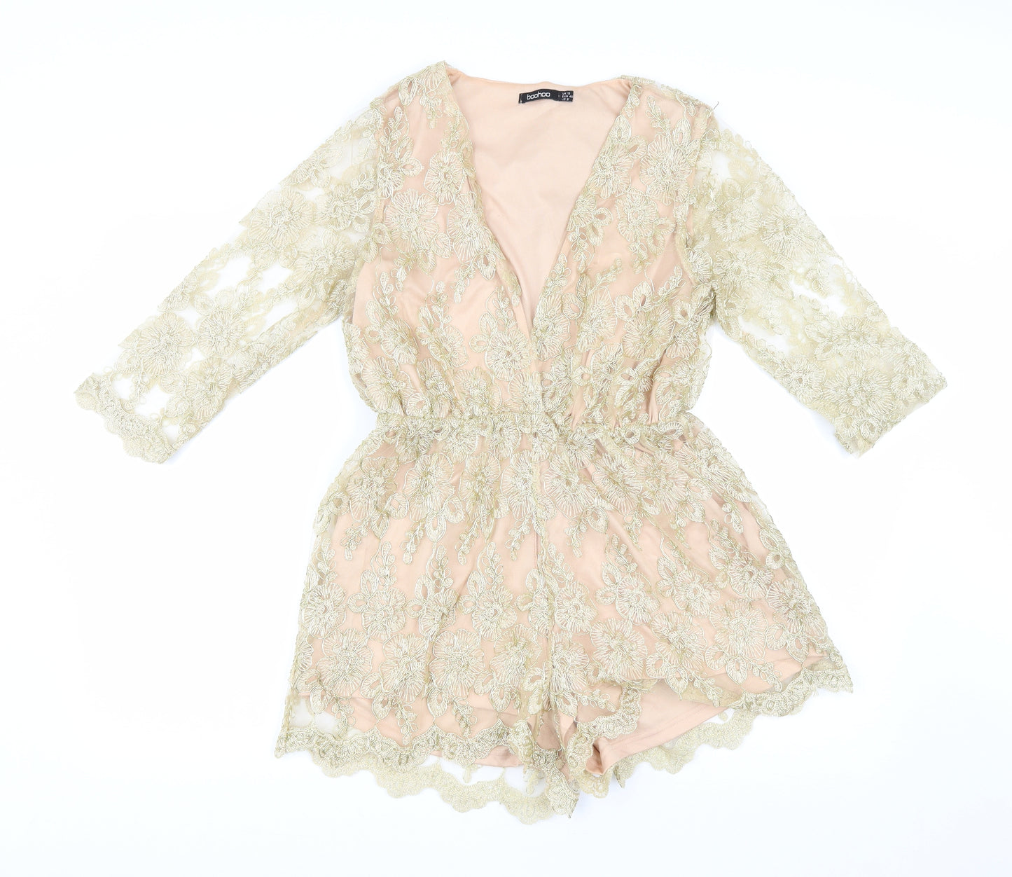 Boohoo Womens Gold Floral Polyamide Playsuit One-Piece Size 12 Pullover