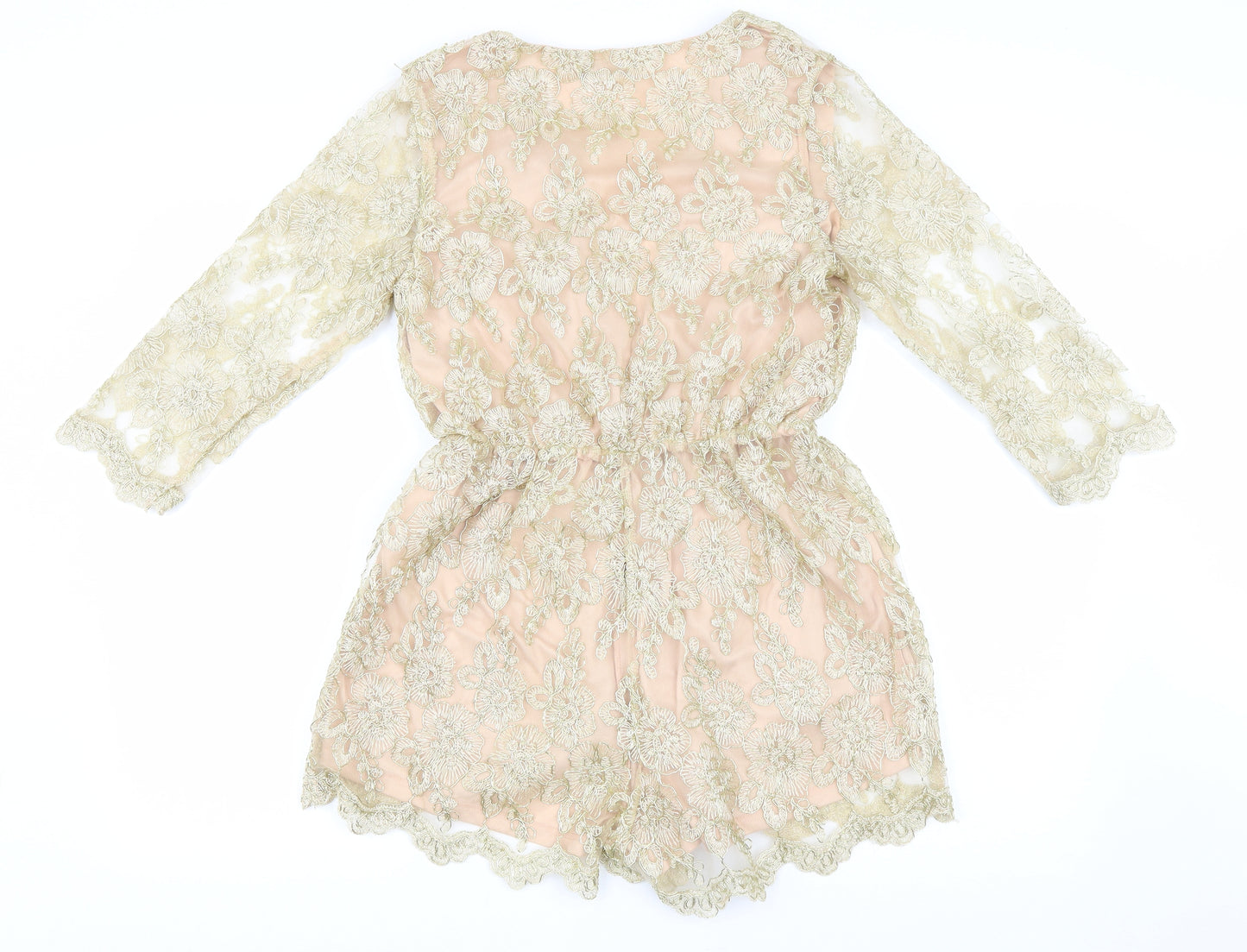 Boohoo Womens Gold Floral Polyamide Playsuit One-Piece Size 12 Pullover
