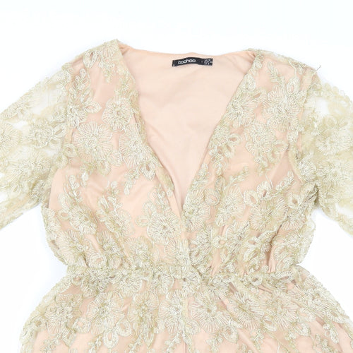Boohoo Womens Gold Floral Polyamide Playsuit One-Piece Size 12 Pullover