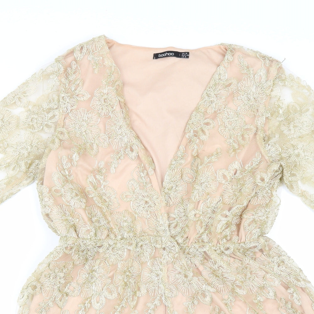 Boohoo Womens Gold Floral Polyamide Playsuit One-Piece Size 12 Pullover
